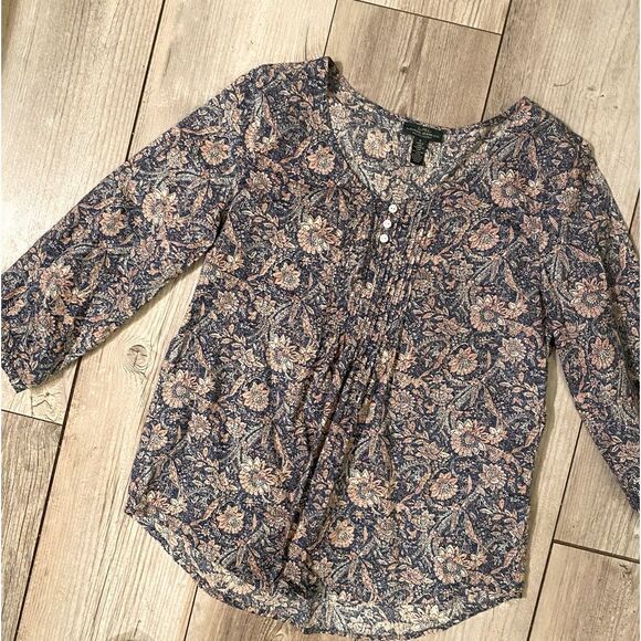 Lauren Ralph Lauren Womens Small Blouse Pleated Long Sleeve Blue Pink Floral - Picture 1 of 8